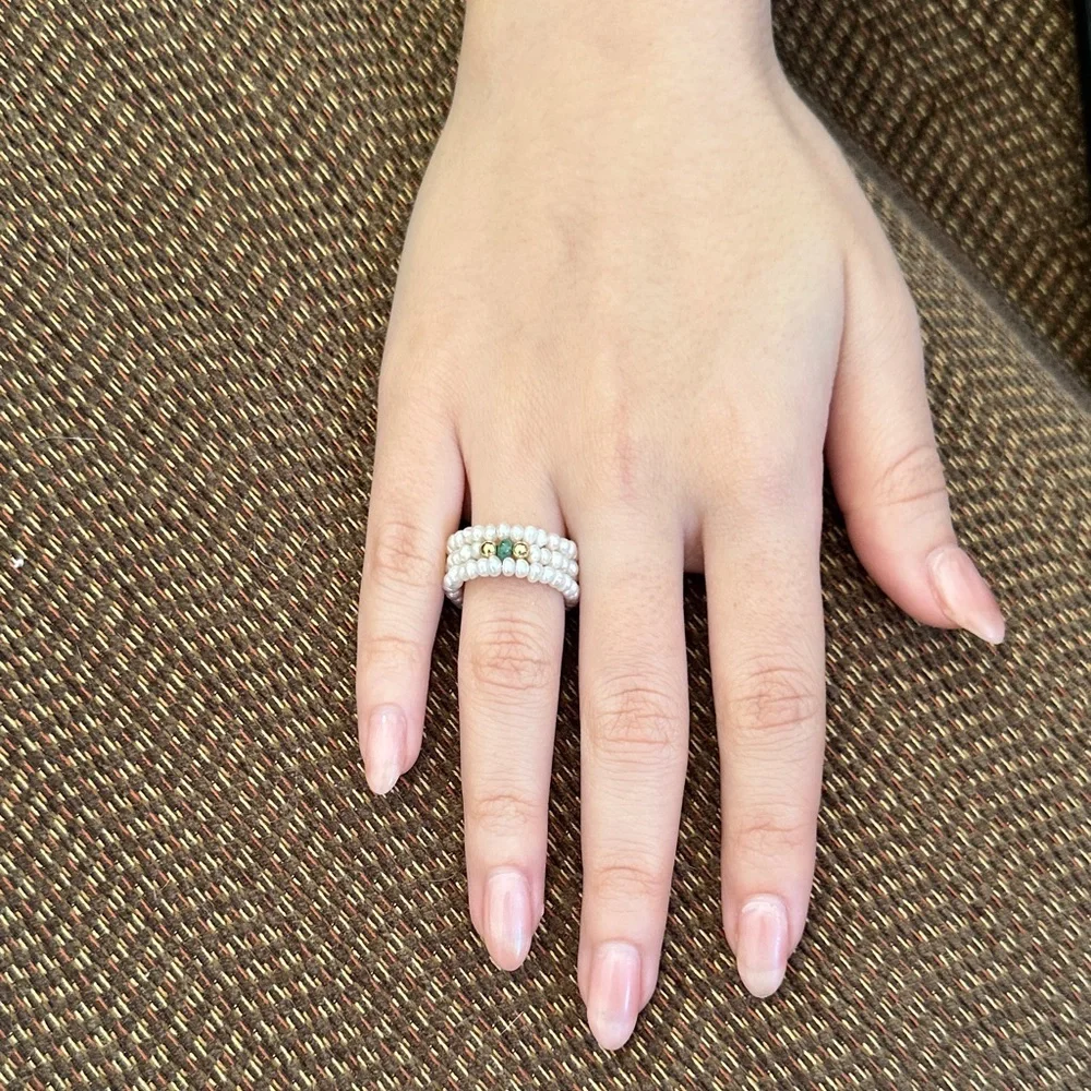 Emerald Gem freshwater Pearls real Gold Triple Band Ring with Green Accent​